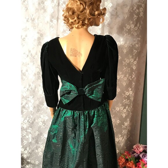 Vintage 80s Holiday Gown Size Small 1980s Green Velvet & Faille Evening Couture - Picture 6 of 9